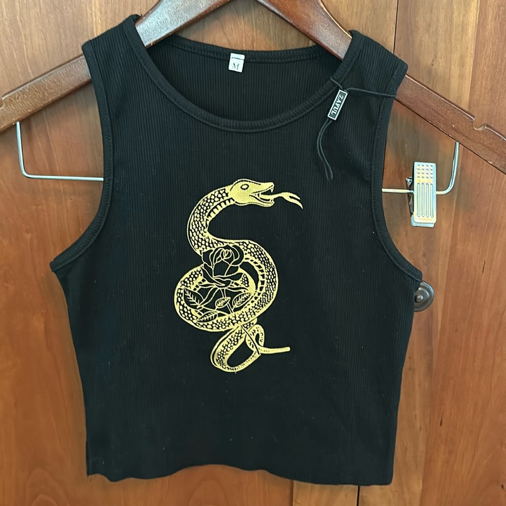 Zaful NWT cotton cropped tank with gold snake motif on front.  Black size medium